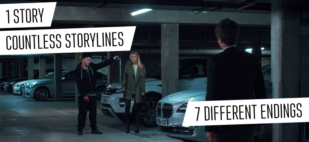 Una escena cinematográfica de Late Shift con personajes en un estacionamiento y texto sobre múltiples líneas argumentales y finales.