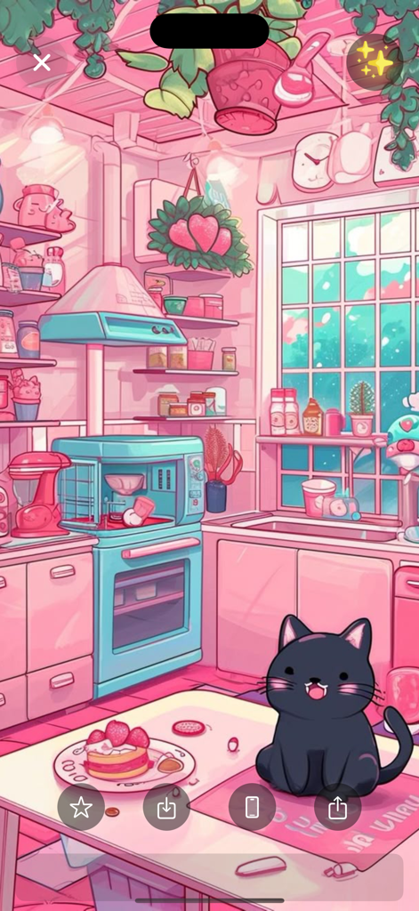 Aesthetic pink kawaii kitchen wallpaper featuring a cute black cat and strawberry cake