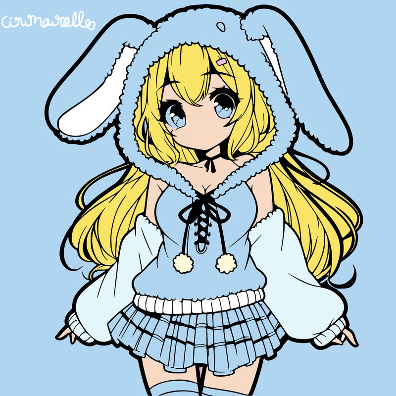 pretty anime girl wearing a fluffy hoodie with bunny ears on the hood and a skirt