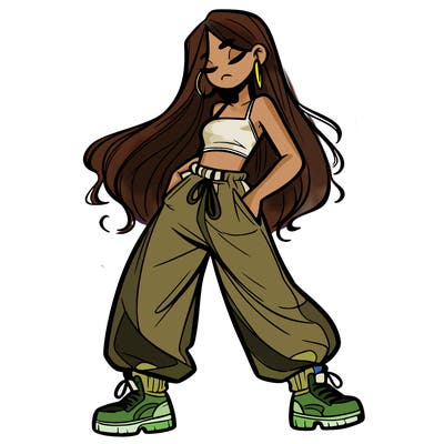 girl in baggy pants crop top and long hair