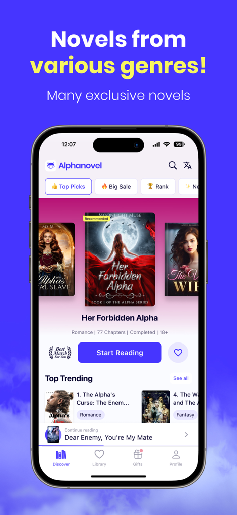 The AlphaNovel app home screen showing a collection of exclusive romance and fantasy novels