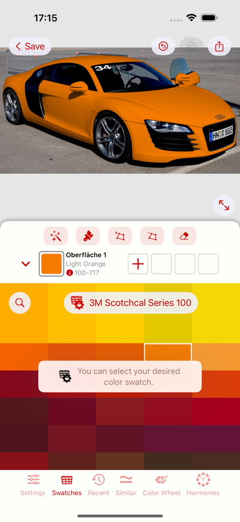 CAL Select 앱 인터페이스, 전문적인 시각화를 위해 주황색 차량에 적용된 3M Scotchcal 색상 샘플 표시