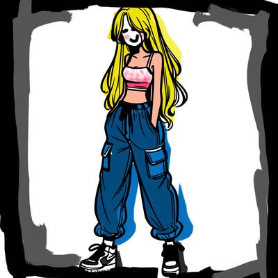girl in baggy pants crop top and long hair