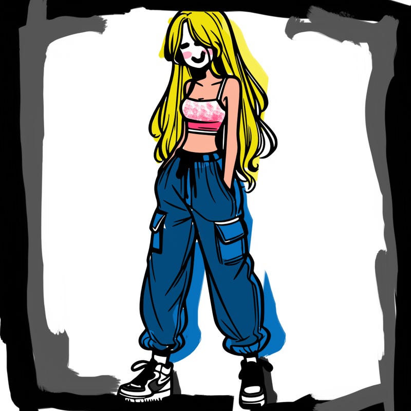 girl in baggy pants crop top and long hair