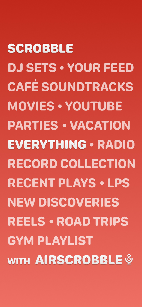 Un gráfico rojo que enumera varias fuentes y ubicaciones de música que puedes registrar con AirScrobble, como discos de vinilo, radio y bandas sonoras de cafeterías.