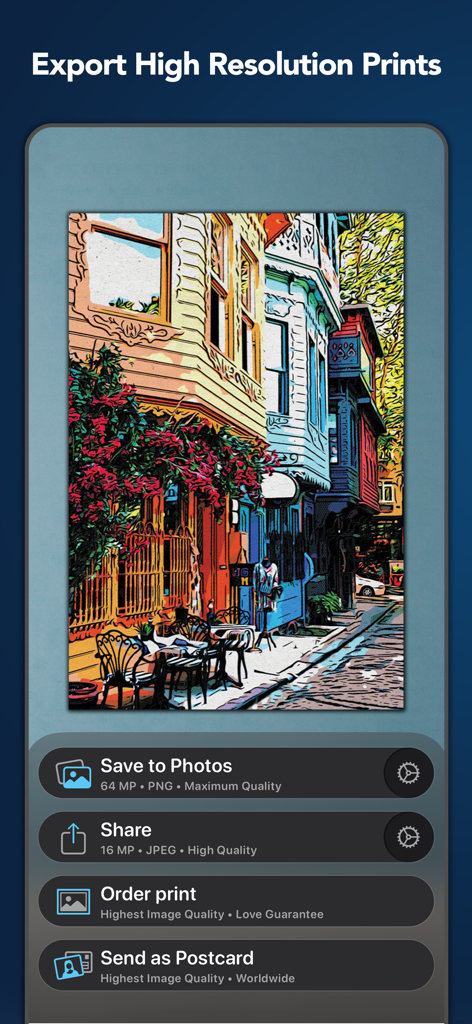 Clip2Comic app screen displaying export and printing options for high-resolution cartoon images