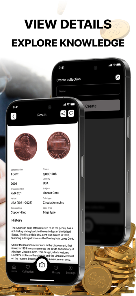 ValueCoin: Coin Identifier App - ValueCoin app screens showing detailed coin identification results and the option to create a collection.