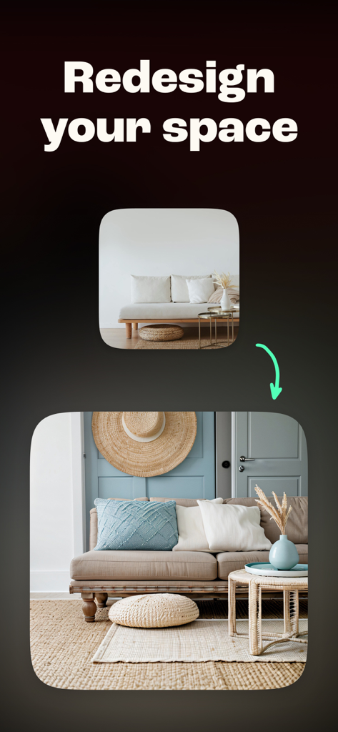 Al Interior Design - Deco - AI 인테리어 디자인 앱 스크린샷은 공간 재설계 텍스트와 함께 거실의 전후 변환을 보여줍니다.