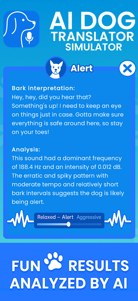 AI Dog Translator app interface showing bark interpretation and acoustic analysis results.