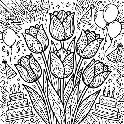 Get ready to celebrate with this vibrant Pop Art Tulips Birthday coloring page! Featuring stylized tulips alongside festive cakes, balloons, and confetti, it's perfect for adding a splash of color to any birthday occasion.