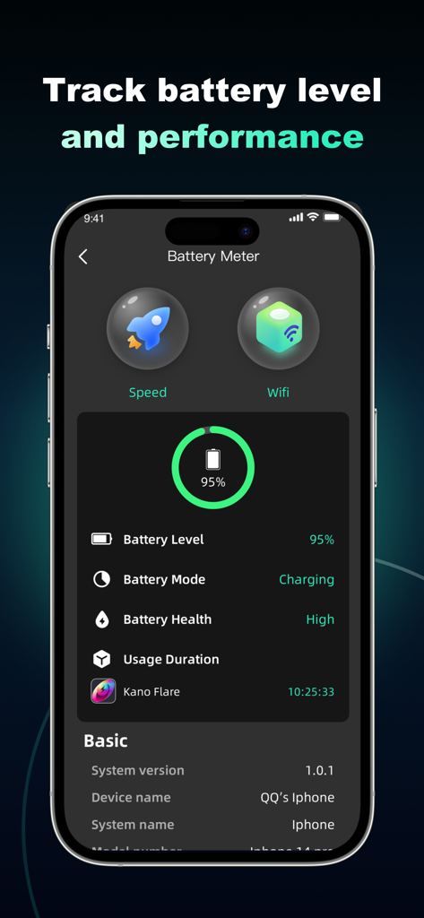 Kano Flare-Flow Glide - Tela do medidor de bateria mostrando o status de saúde e carregamento no Kano Flare-Flow Glide