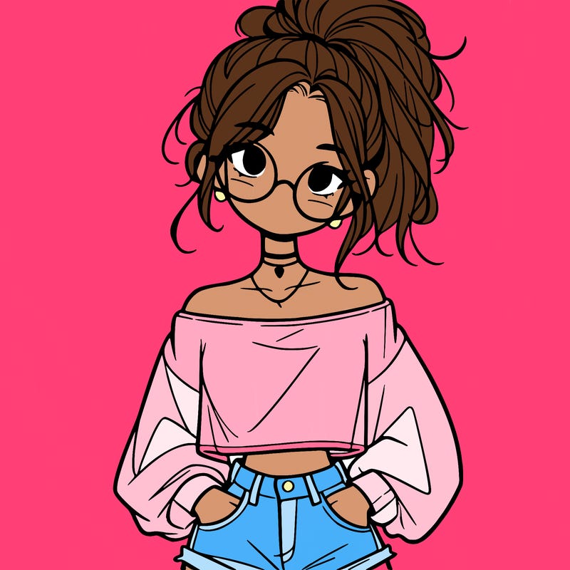 girl with a messy ponytail glasses a baggy crop top and jean shorts