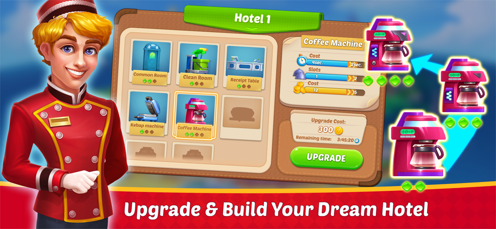 Dream Hotel: Hotel Manager - A bellboy character standing next to a hotel equipment upgrade menu in the Dream Hotel Manager game