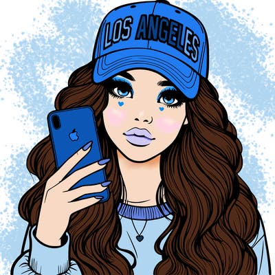 realistic beautiful girl wearing los ángeles cap holding an iphone