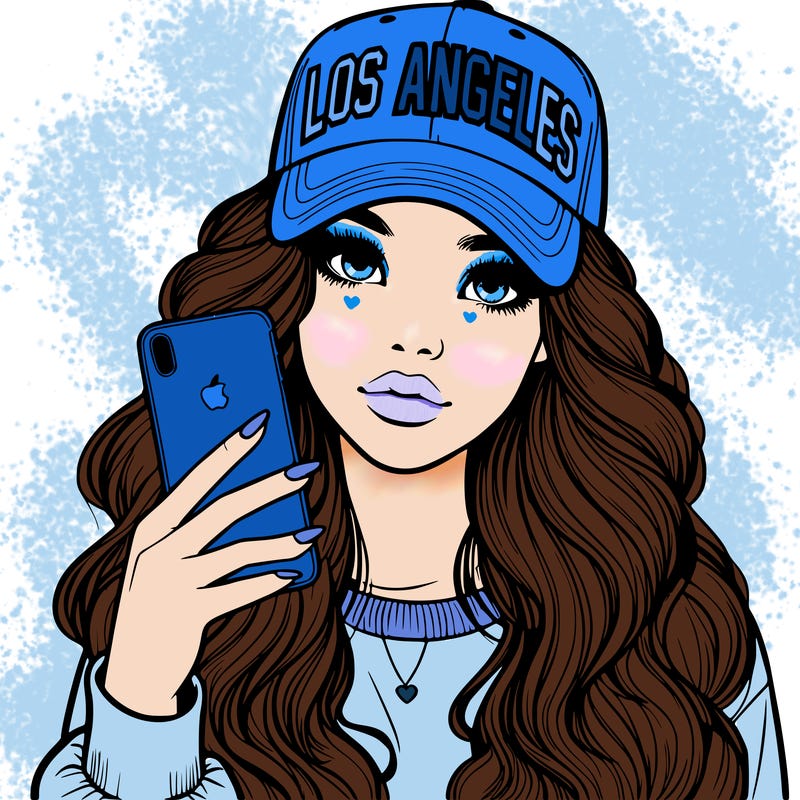 realistic beautiful girl wearing los ángeles cap holding an iphone