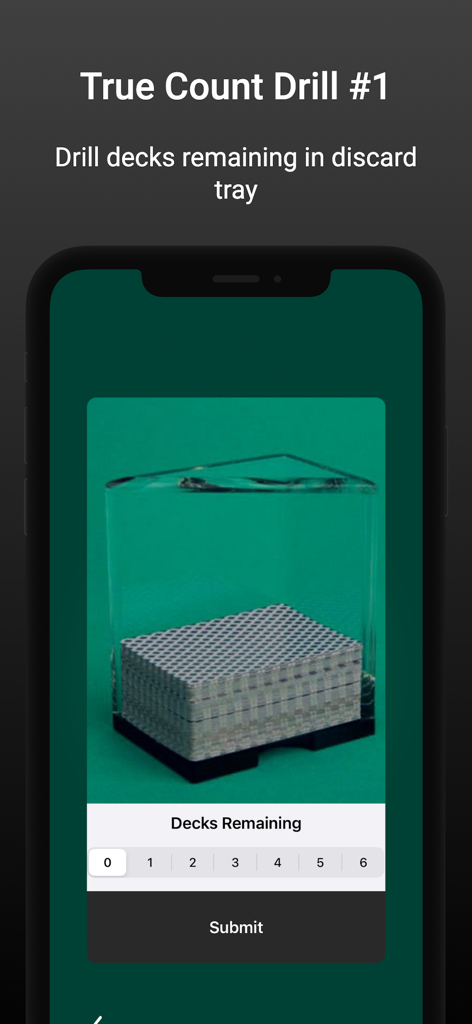 Blackjack Hi-Lo Card Counting - Interface of the True Count drill for estimating decks remaining in a discard tray within the Blackjack Hi-Lo app