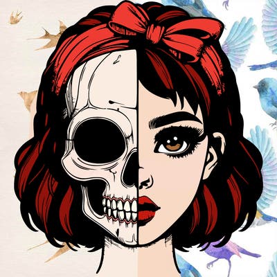 realistic girl with half skull mask