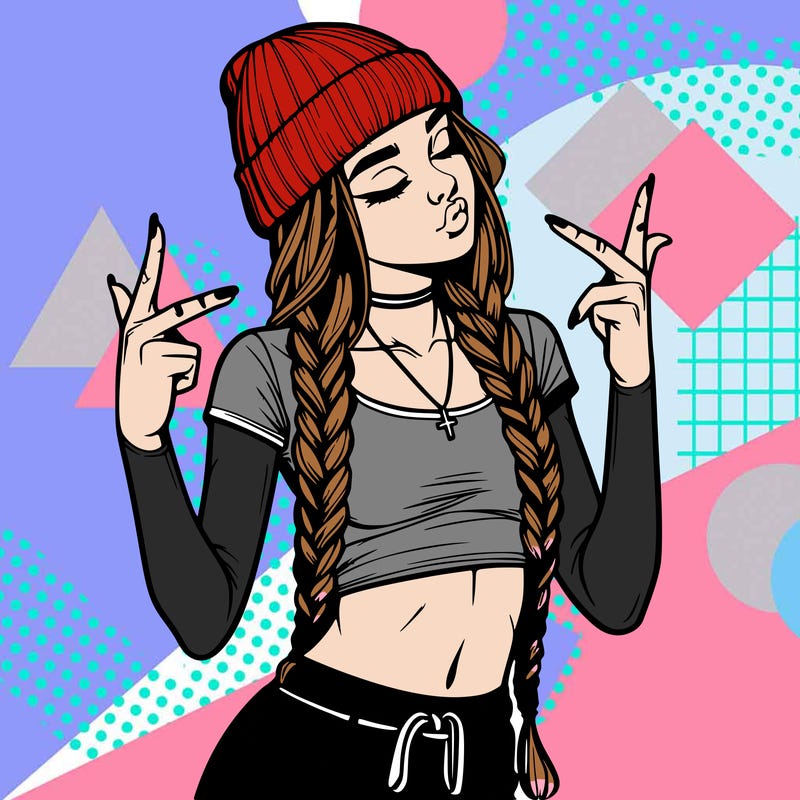 realistic teenage girl with braids and a beanie and crop top doing 🫶🏼