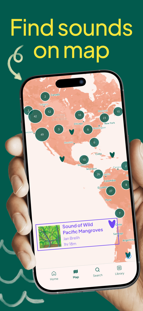 Nature Sounds : Earth FM - Una interfaz de aplicación móvil que muestra un mapa global de grabaciones de sonido de la naturaleza de alta fidelidad.