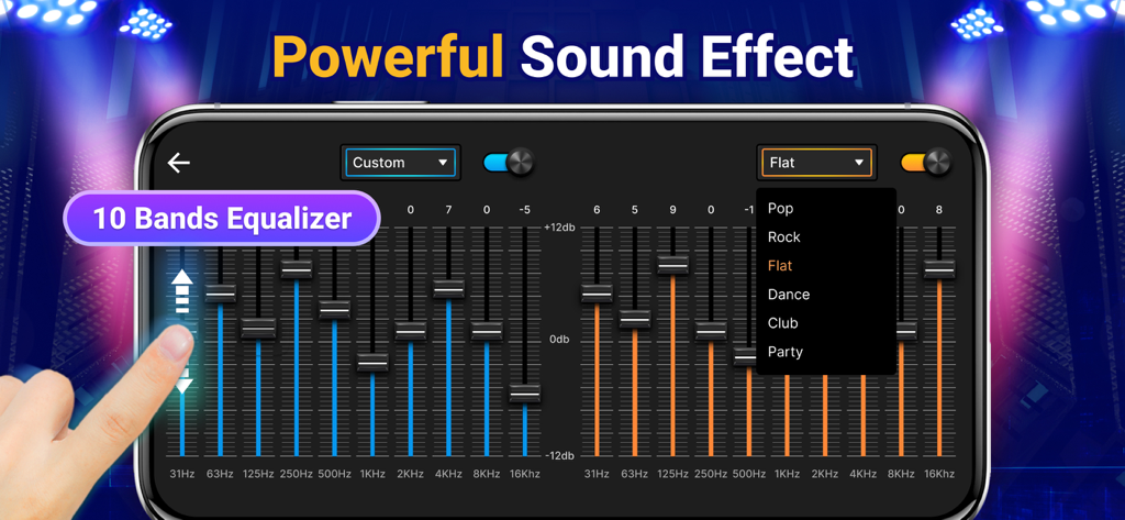 Una interfaz de ecualizador de 10 bandas en la aplicación DJ Mixer Studio con presets de efectos de sonido como Pop Rock y Dance