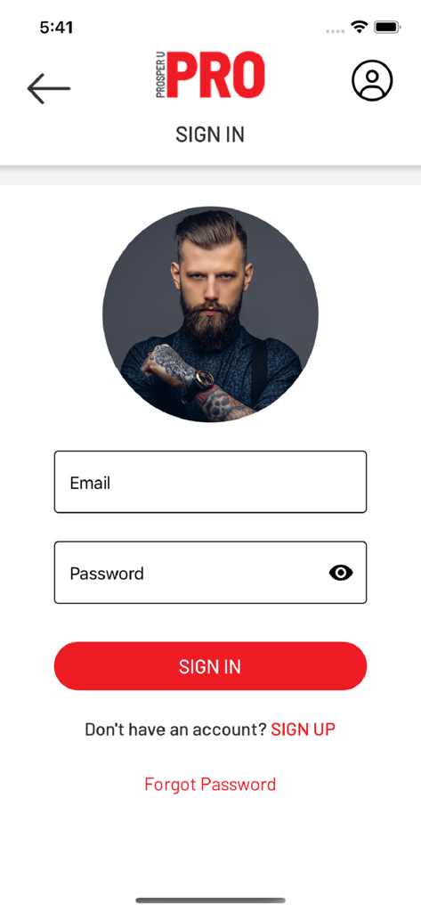 Prosper U - Prosper U PRO sign in screen with email and password fields and a professional barber portrait