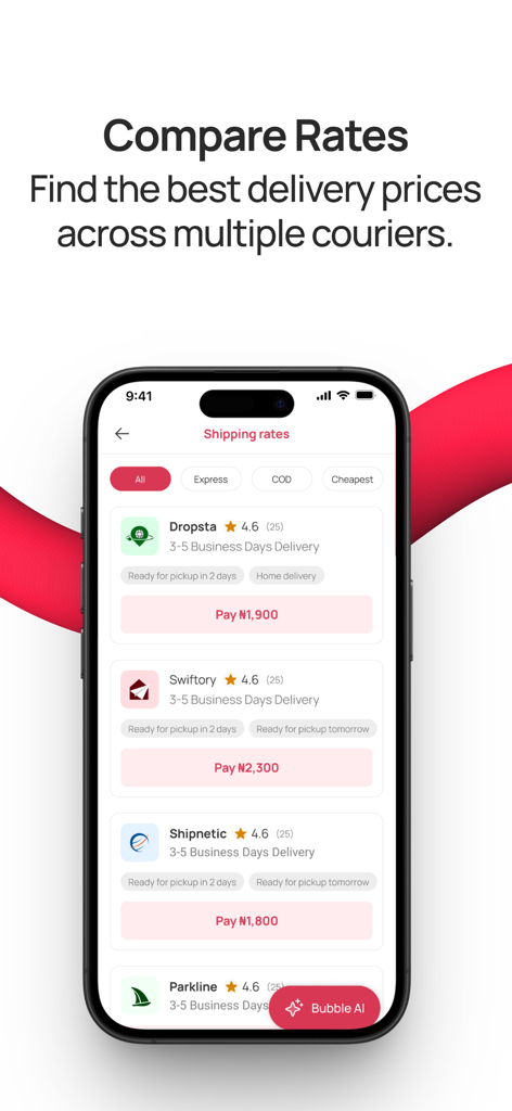 Shipbubble - Shipbubble app screen showing a comparison of delivery prices and courier options for small business shipping