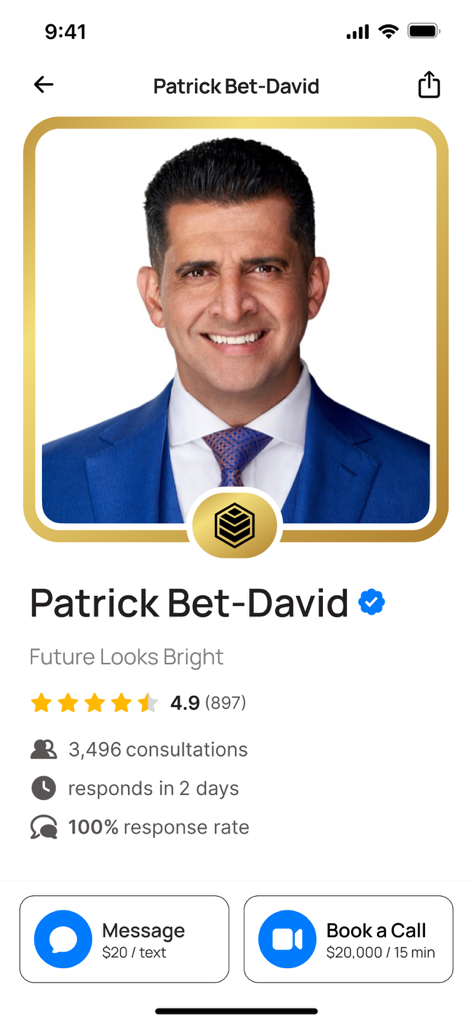 Profile page of business expert Patrick Bet-David on the Minnect app showing rating and consultation booking options