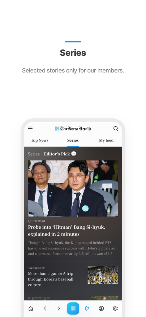 The Korea Herald - The Korea Herald app interface showing exclusive member stories and editors picks under the Series tab
