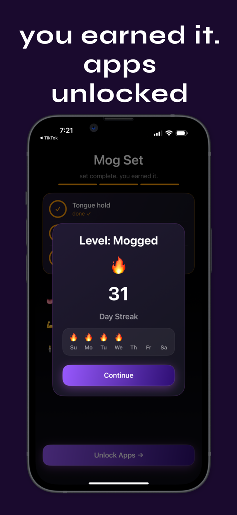 Mogged - Earn Your Scroll - Mogged app interface showing a 31 day streak and apps unlocked notification after completing a Mog Set