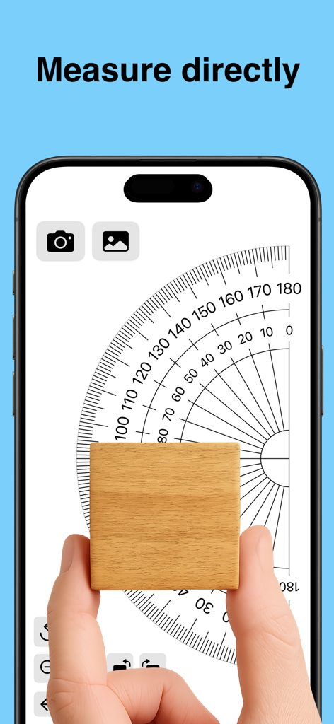 Smart Protractor - La aplicación Smart Protractor midiendo el ángulo de un bloque de madera en la pantalla de un iPhone.