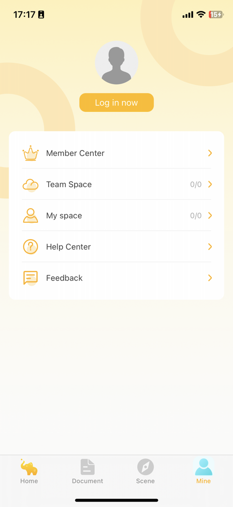 Eleph-label - The user profile and account settings screen of the Eleph-label app showing options for member center and team space.