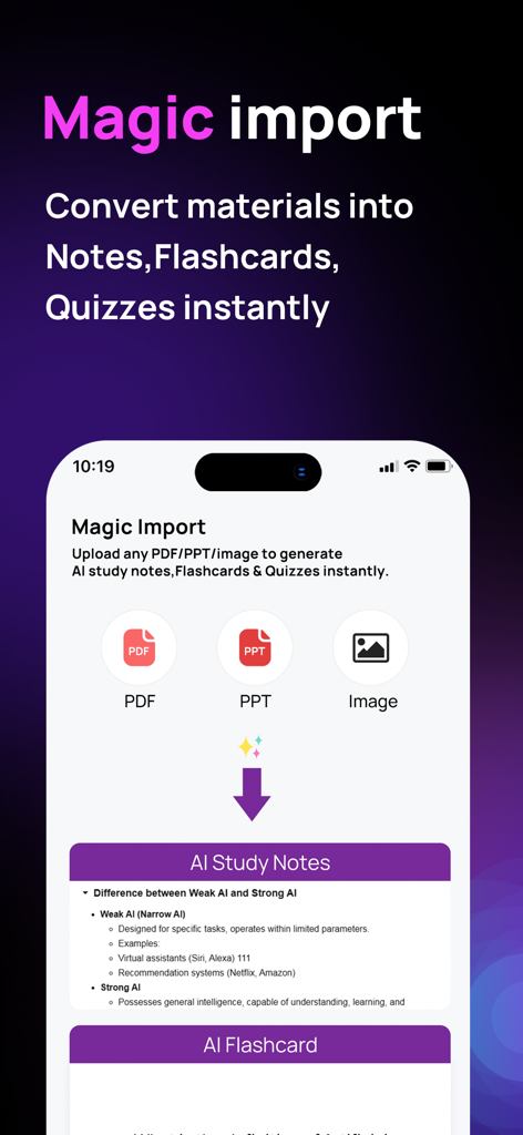 NovaTutor.AI: Video Tutor - NovaTutor AI interface showing the Magic Import feature converting PDF PPT and images into AI study notes and flashcards