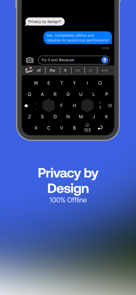 Typewise Custom Keyboard - Typewise custom keyboard interface highlighting privacy by design and 100 percent offline functionality.