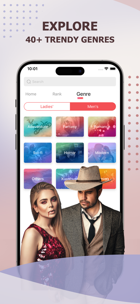 ReadNow: Novels & Stories - ReadNow mobile app showing a list of fiction genres including romance, fantasy, and sci-fi with vampire and cowboy character artwork.