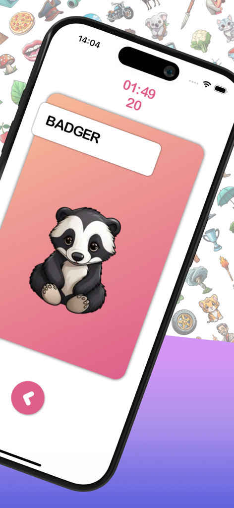 Pics 2 Words - Pista de juego de sopa de letras que muestra la ilustración de un tejón caricaturesco y la palabra 'tejón'.