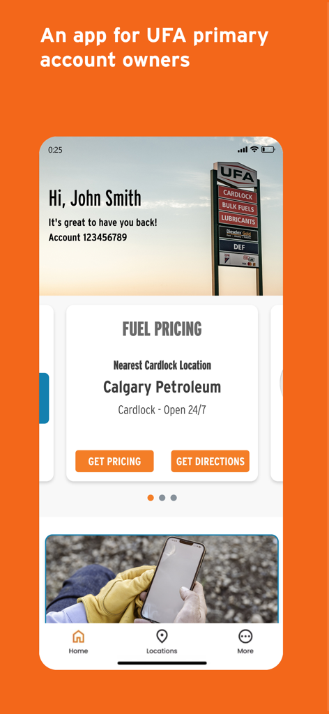 Dashboard of the UFA app showing personalized fuel pricing and a nearby cardlock location for account owners.