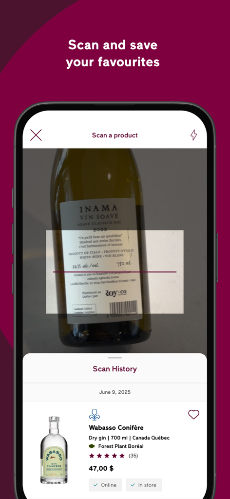 A smartphone screen showing the SAQ app barcode scanner feature being used on a wine bottle with a scan history list below.
