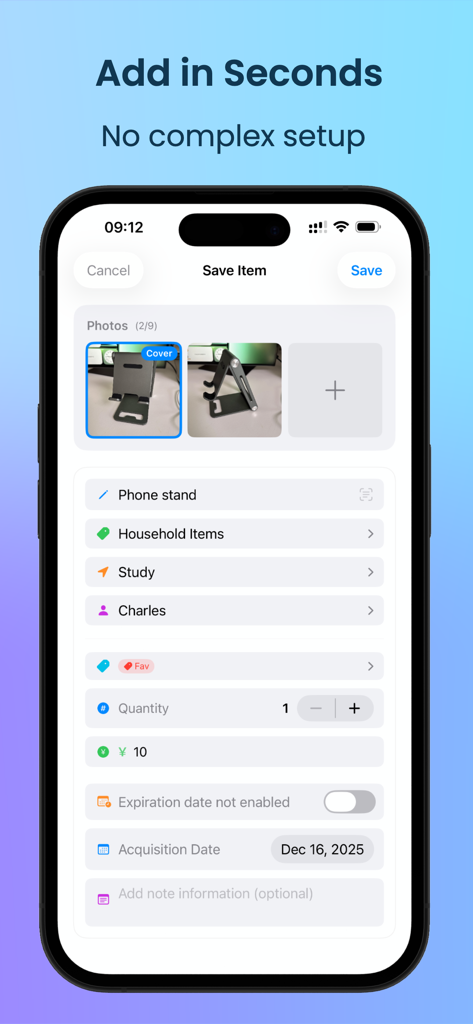 MyThings – Personal Inventory - Captura de pantalla de la aplicación MyThings que muestra la interfaz para añadir un nuevo artículo con fotos y detalles como categoría y ubicación.
