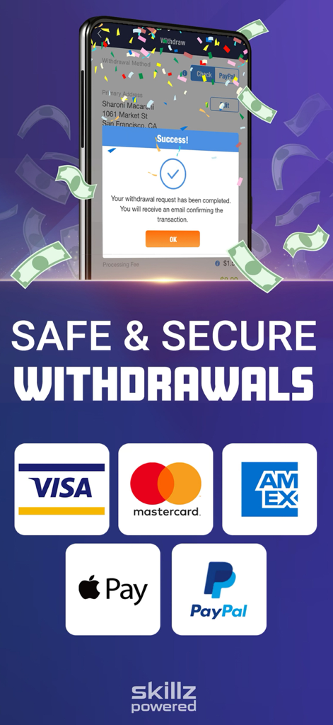 Pantalla de la aplicación Block Blitz destacando retiros seguros con logotipos de Visa, Mastercard, American Express, Apple Pay y PayPal