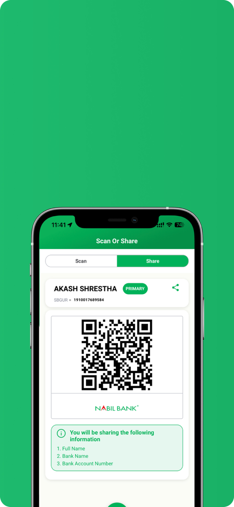 The nBank app showing a personalized QR code for sharing bank account details