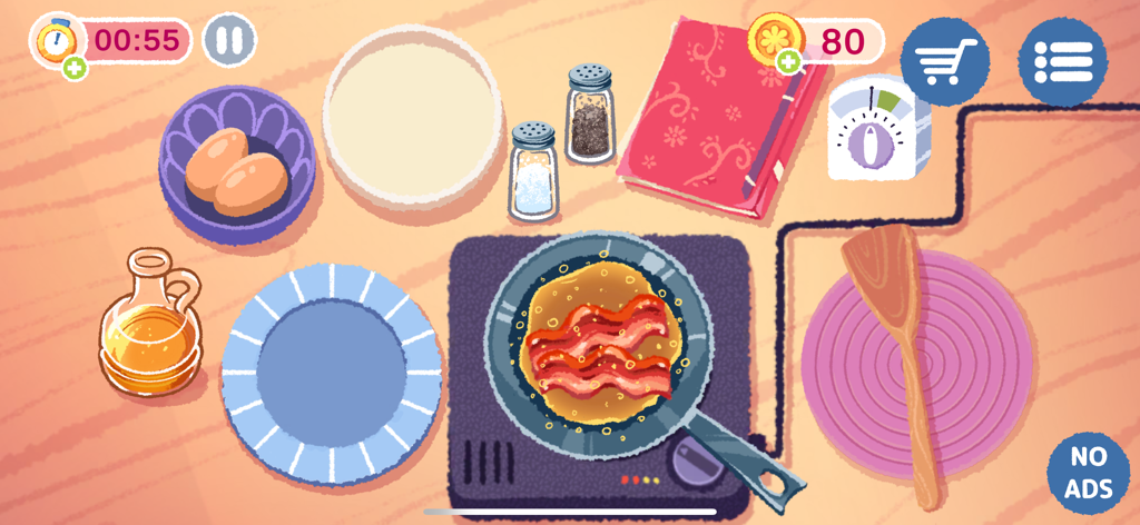Gameplay of Sofra Cooking Simulator featuring bacon frying on a stove in a cozy kitchen