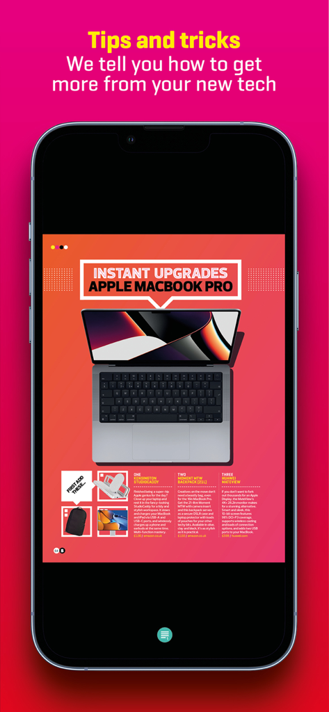 A smartphone displaying a Stuff Magazine page with tips and tricks for the Apple MacBook Pro.