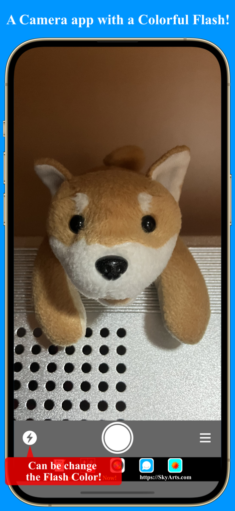 Color Flash Camera - Captura de pantalla de la interfaz de la aplicación Color Flash Camera con un perro de peluche en el visor