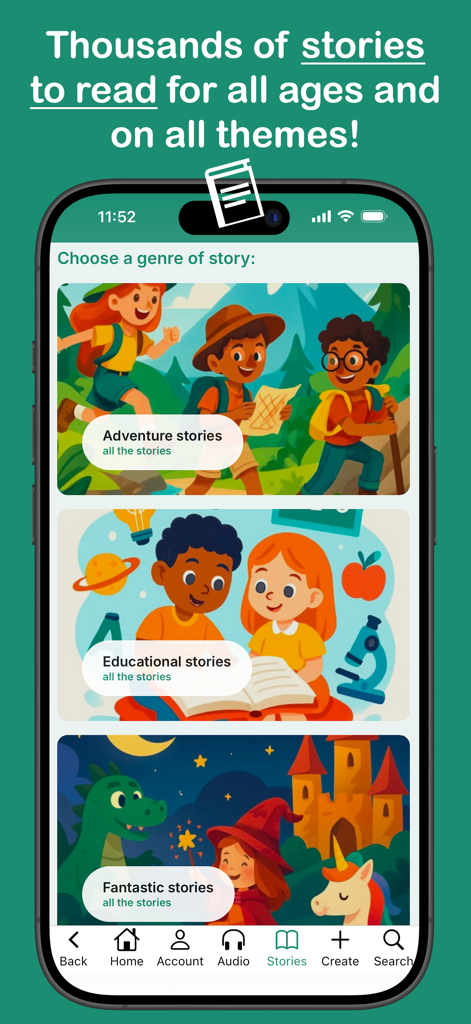 Oh My Tales - Bedtime stories - Pantalla de la aplicación móvil que muestra categorías de cuentos educativos de aventuras y fantásticos para dormir con ilustraciones coloridas para niños