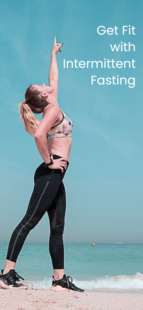 A woman in athletic wear on a beach under text saying Get Fit with Intermittent Fasting