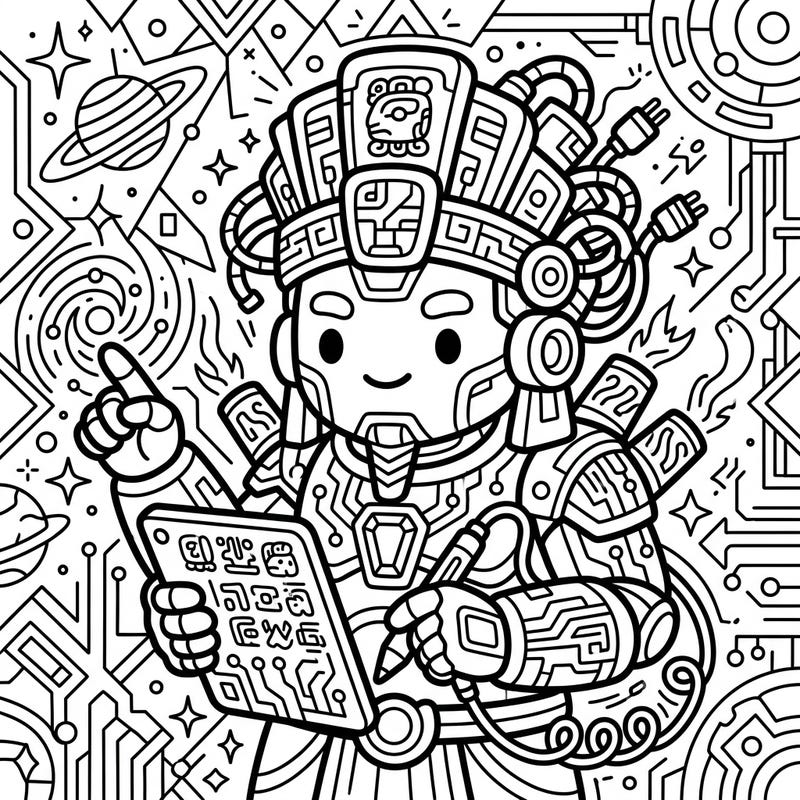Dive into a vibrant universe with our Itzamná Kawaii Cyberpunk coloring page, where ancient Mayan divinity meets futuristic cuteness. This unique design features the cosmic deity reimagined with bold outlines and tech-inspired details, offering a truly engaging artistic experience.