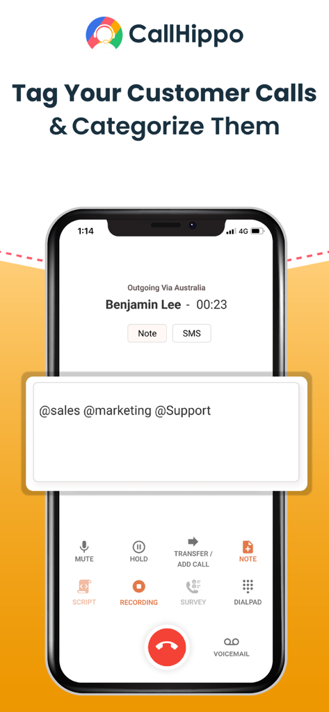 CallHippo - Interface of CallHippo app showing how to tag and categorize customer calls with labels like sales and marketing