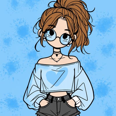 girl with a messy ponytail glasses a baggy crop top and jean shorts