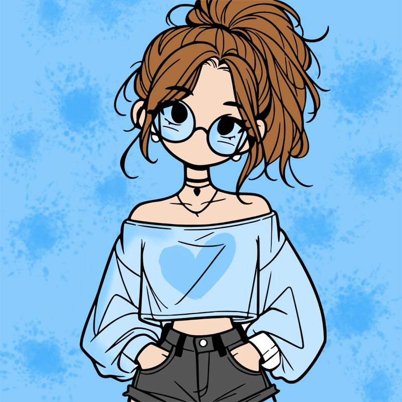 girl with a messy ponytail glasses a baggy crop top and jean shorts