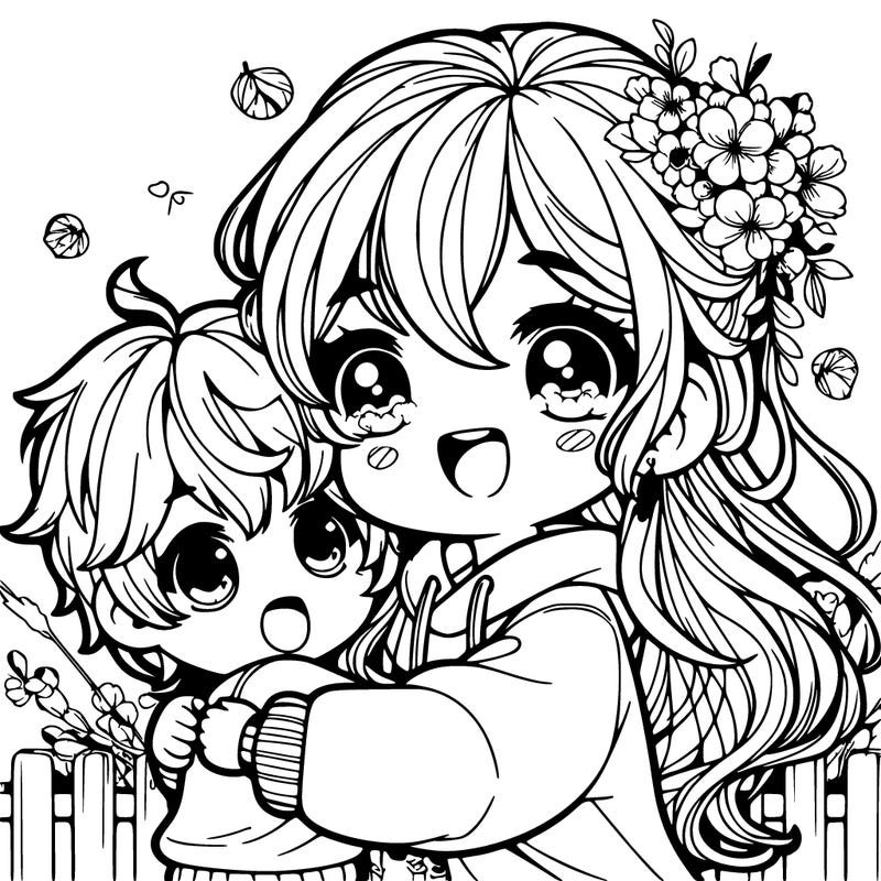 kid hugging a cute anime girl